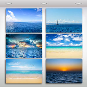 Simple Modern Sea Landscape Wall Sticker Hotel Living Room Decorative Painting with Frame Morning Sunlight on Calm Sea Surface