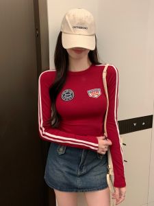 Red Wine Color Embroidered Slim Fit Long Sleeve Cotton T-Shirt Womens Autumn Winter New Style Waist Shaping Slimming Top