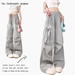 Gray Workwear Casual Pants Women High Waist Loose Wide Leg Pants Butterfly Knot Design Summer New Style Comfortable Elastic