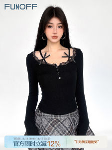 เสื้อยืดคอกลมแขนยาวลายลูกไม้สีดำ FUNOFF สำหรับผู้หญิงในฤดูใบไม้ผลิปี 2025 เสื้อผ้าทำงานคอตตอนผสมยางยืดสไตล์หวานและเผ็ดร้อน