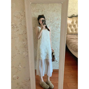 ชุดเดรสยาวแขนกุดลายดอกไม้สไตล์เกาหลีสำหรับผู้หญิงในช่วงฤดูร้อน ชุดเดรสยาวทรงหลวมสบาย ๆ สำหรับวันหยุดชายหาด