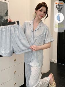 Summer Ice Silk Sleepwear Women Short Sleeve Three Piece Set Thin 2024 Summer Style Small Fragrance Wind Silk with Chest Pad Home Clothes