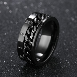 【Hot Sale】Roman Numerals Stainless Steel Chain Rotating Anxiety Black Rings For Men Fidget Metal Spinner Knuckle Ring Anillos De Hombre