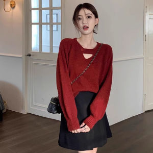 Red Knitted V-Neck Hollow out Sweater Womens Spring Autumn Loose Lazy Style Top Small Size Outerwear Comfortable Warmth