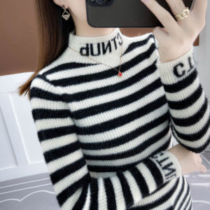 Womens Slim Fit Long Sleeve Crew Neck Faux Fur Sweater Spring Fashion 2025 Non Shedding High Collar Versatile Striped Overhead