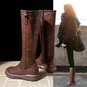 Genuine Leather Long Boots Womens Knight Boots British Style Autumn Winter New Martin Boots above Knee High Tube Shoes