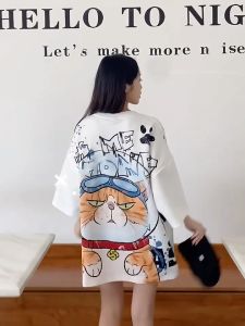 Blouses Women new style 2025 European and American street style anime oversized T-shirt round neck high-quality trendy brand black and white couple T-shirt