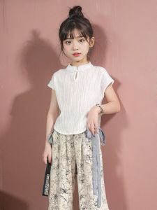 เสื้อยืดแขนกุดคอวีสีขาวทรงสลิมฟิตสำหรับเด็กผู้หญิง ฤดูร้อน แฟชั่น กระดุม ชุดเด็กสไตล์จีน ชุดเด็ก ชุดเด็ก