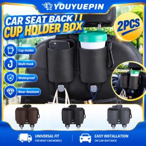 YOUYUEPIN 2pcs Car Seat Back Cup Holder Hook Leather Drink Holder Organizer Universal Hanging Water Bottle Rack Storage Pocket For Headrest Support Rods Black Brown