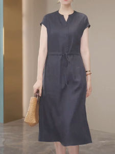 UYFY | Elegant Grey V-neck Tie Dress Womens Summer New Style Casual High Waist A-line Skirt Short Sleeve Mid-length Daily Commute Dress