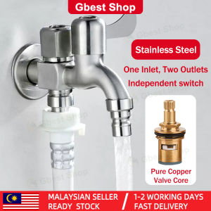 Gbest Stainless Steel 1 Into 2 Out Two way garden water tap double head Kitchen Bathroom Toilet Premium 2 way Faucet Angle Valve wash basin tap kepala paip tembaga mesin basuh 2 paip getah bilik mandi 水龙头双头 洗衣机水龙头