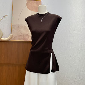 Slim Fit Knitted Short Sleeve T-Shirt Womens Summer New Style Fashion Unique Beautiful Top Asymmetrical Slit Korean Version