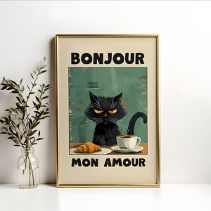 1pc Le Chat Noir Poster Green Bonjour Mon Amour Black Cat Breakfast Artwork Modern Canvas Painting Unframed Indoor Decoration