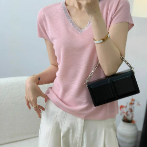 Shalldoer | Korean Style V-Neck Short Sleeve Loose Knitted Top Womens Summer Thin Breathable Fashionable Airy Pullover T-Shirt