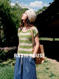 Basic House | Green Striped Round Neck Flutter Sleeve Womens Knitwear Light