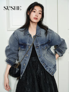 Classic Retro Lapel Short Unique Loose Denim Jacket Women Autumn Long Velvet Cotton Sushe Commute Style Button Pocket