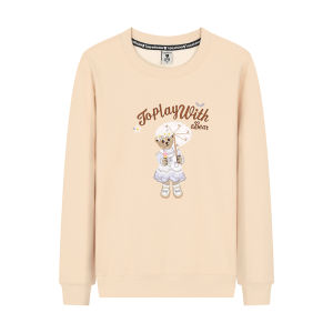 Organic Cotton Bear Embroidery Sweatshirt Womens Spring Autumn Thin Shoulder Line Fleece Lined Loose Fit Large Size Base Shirt Top