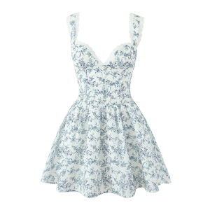 Romantic Blue And White Porcelain Floral Lace Trim Halter Dress Summer Sweet Style Chinese Traditional Print Sleeveless V Neck Dress