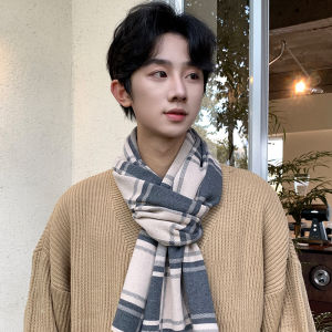 2024 New Arrival Scarf Men Autumn and Winter K-style All-Matching Fleece-Lined Thickened Warm-Keeping and Cold-Proof Gingham Fancy Scarf