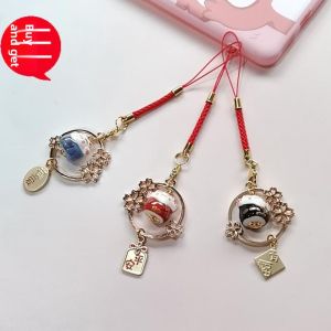Ceramic Lucky Cat Mobile Phone Pendant Safe Trip Ornaments Mobile Phone Charm Cute U Disk Bag Pendant Lanyard Neutral