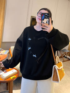 Áo Nỉ Cỡ Lớn Dáng Rộng Cổ Tròn Lót Lông Cừu Phong Cách Hàn Quốc Trang Trí Thắt Nút Bướm Ấm Áp Trái Tim David Áo Nỉ Mùa Đông