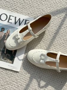 Leather French Round Toe T-Strap Bow Low Heel Flat Mary Jane Shoes