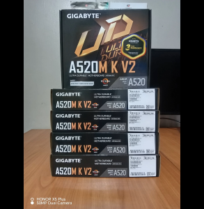 GIGABYTE A520M K V2 motherboard with AM4 socket DDR4 memory support PCIe slots and USB ports.
