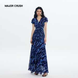 Romantic Ruffled Hem Blue Glass Poem Print Dress
