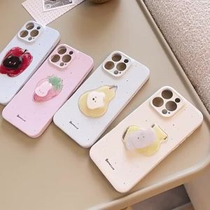 Korean Splash-ink 3D Cartoon Fruit Rotate Animals Phone Case For iPhone 17 16 15 14 13 12 11 Pro Max XR X X7 8 Plus Soft Cover