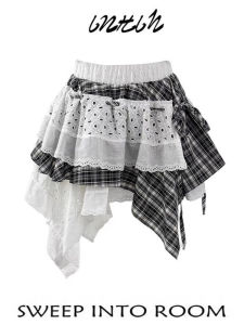 Váy Ngắn Chữ a Xếp Ly Ren Không Đều Cho Nữ Mùa Hè 2025 Váy Ngắn Chữ a Cổ Điển Có Thắt Lưng Cao Không Đều Bằng Vải