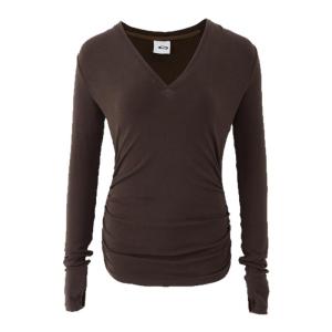 เสื้อยืดคอกลมแขนยาวทรงสลิมฟิตสำหรับผู้หญิง SMIIILE เสื้อเชิ้ตแฟชั่นฤดูใบไม้ร่วง ผ้าผสมโพลีเอสเตอร์ คอวี ทรงสลิมฟิต