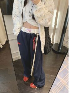 Original Trendy Patchwork Waist Head Sport Sweatpants Womens Spring Autumn American Retro Straight Loose Casual Wide Leg Pants