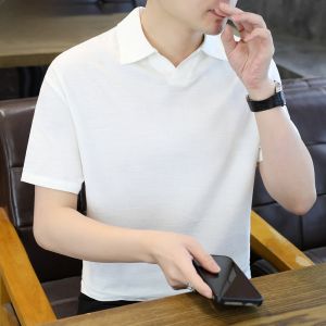 HENGYUANXIANG | เสื้อยืดคอโปโลผู้ชายแขนสั้นผ้าฝ้ายลินินสีพื้น ทรงหลวม สไตล์ลำลอง ระบายอากาศได้ดี ฤดูร้อน 2025 เสื้อผ้าทำงาน