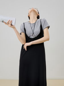 Black Two-Piece Set Korean Style Womens Dress Elegant Summer Outfit Guli Li Fashionable round Neck Short Sleeve Ensemble