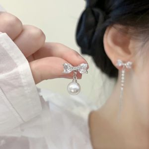 Asymmetric Tassel Pearl Butterfly Knot Earrings Womens Fashion Trend New Year Elegant Sensation Ear Jewelry Hoops