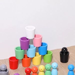 Montessori Color Sorting Toys Color Matching Sensory Game Wooden Peg Dolls in Cups Early Education Learning Toys For Toddler 3+ Balls In Cups Montessori Toys Color Sorting Counting Fine Motor Skill Rainbow Valentines Day Gifts