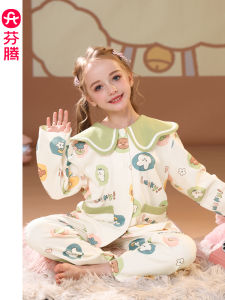 FenTeng Girls Pure Cotton Long Sleeve Sleepwear Set Cartoon Design Home Clothes for Spring And Autumn Childrens Home Comfortable Suit