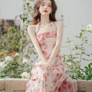 ชุดเดรสยาวคอฮอลเตอร์สไตล์ฝรั่งเศส ชุดเดรสยาวลายดอกไม้ กระโปรงทรงเอเอวสูง ชุดทำงานฤดูร้อน ชุดเดรสยาวสำหรับวันหยุด