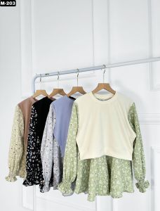 Blouse knit kombinasi cringkle/Blouse kekinian dengan motif bunga korean style/Atasan wanita terbaru super cute