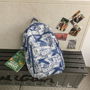 Large Capacity Backpack for Junior And High School Boys American Style Dual Shoulder Bag Modern Neutral Print Nylon Material