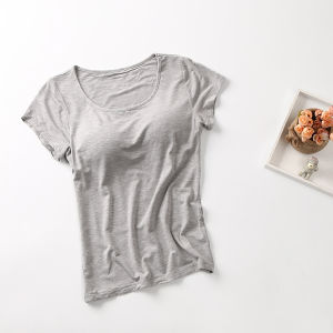 เสื้อยืดแขนสั้นผ้าโมดอลแบบมีแผ่นเสริมหน้าอก ไม่ต้องใส่เสื้อชั้นใน ชุดนอนผ้าฝ้ายแท้ โยคะ ฤดูร้อน สำหรับผู้หญิง ชุดนอนแขนสั้น
