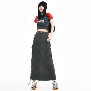 Retro American Workwear Pocket Denim Halter Skirt Womens Autumn Winter New Mid-Length Slim A-Line Bodycon Skirt