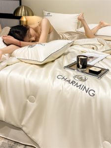 2025 New Ice Silk Summer Cool Quilt Set Four Pieces Double Sided Real Silk Slip Sleep Air Conditioned Thin Quilt Korean Style