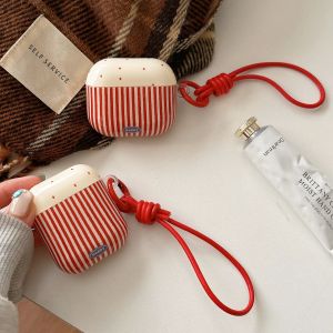 Chic Red Polka Dot Splicing Line Stripes Pattern Glossy Protective Earphone Case with Red Lanyard for AirPods 1 2 3 4 Pro 2 Pro3