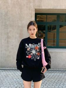 Oversize round Neck Sweatshirt Womens Black Daisy Print No Cap Top American Retro Style Fall New Arrival Fashionable Streetwear