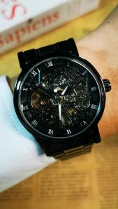 T-WINNER | WINNER Black Fashion Mechanical Watch for Men Business Skeleton Automatic Watches Stainless Steel Strap Retro Wristwatches New