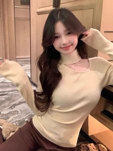 GUZILIAN | Áo len cổ cao hở vai thiết kế thanh lịch cho nữ mùa thu đông ôm vừa vặn chất liệu cotton pha trộn cổ điển