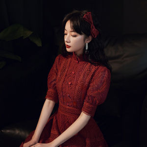 Red Wedding Dress Womens Short Ball Gown Vintage Style Zipper Bubble Sleeve Embroidery Square Collar Party Evening Gown