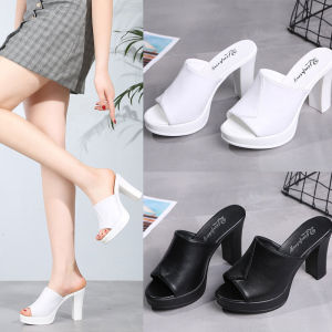 Black Waterproof High Heel Chunky Heel Outdoor Slippers Women Summer Thick Bottom for Outdoors Slimming and Fashionable Peep-Toe Slippers Women