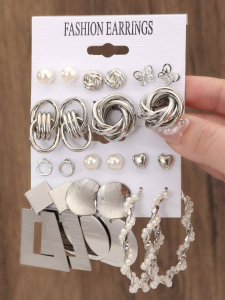 Vintage 2Sets/Pack Gold Color Metal Twist Pearl Hoop Earrings for Women Girls Geometric Knot Heart Dangle Earring Set Jewelry